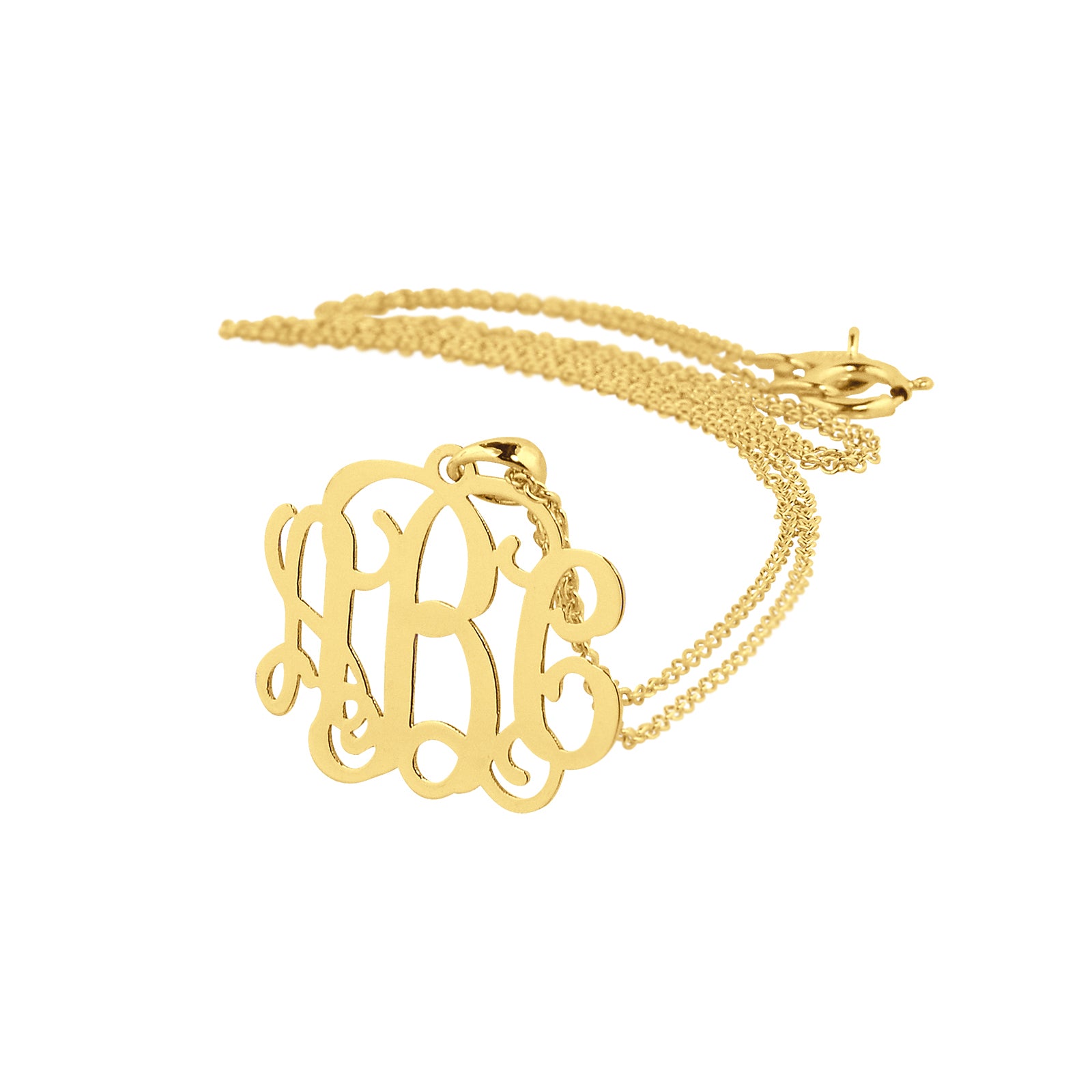 Close-up of a 10k or 14k solid yellow gold mini three-initial monogram pendant necklace with matching chain on a white background.
