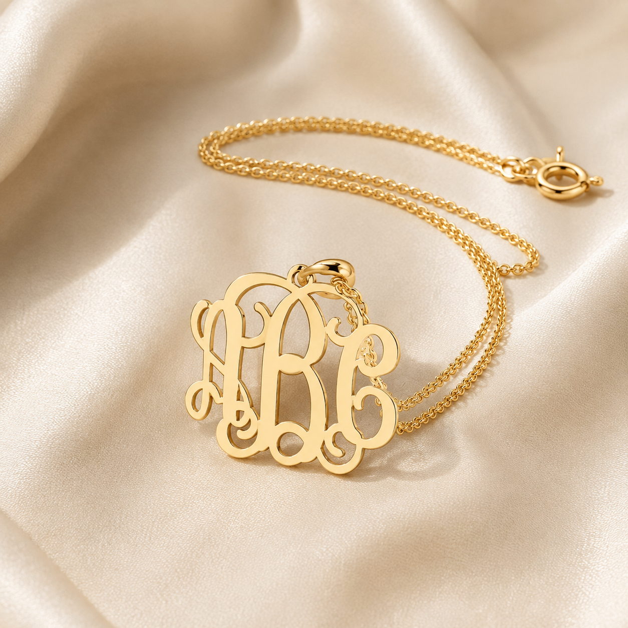 10k or 14k solid yellow gold mini three-initial monogram pendant necklace on a fine chain, styled on champagne silk.