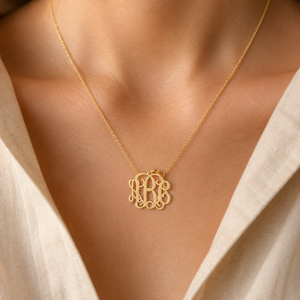 10k or 14k solid yellow gold mini three-initial monogram pendant necklace worn at the collarbone on a fine chain.