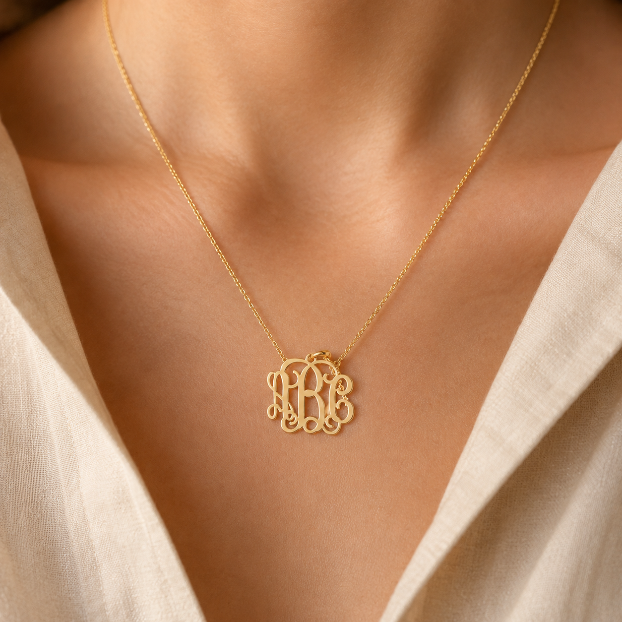 10k or 14k solid yellow gold mini three-initial monogram pendant necklace worn at the collarbone on a fine chain.