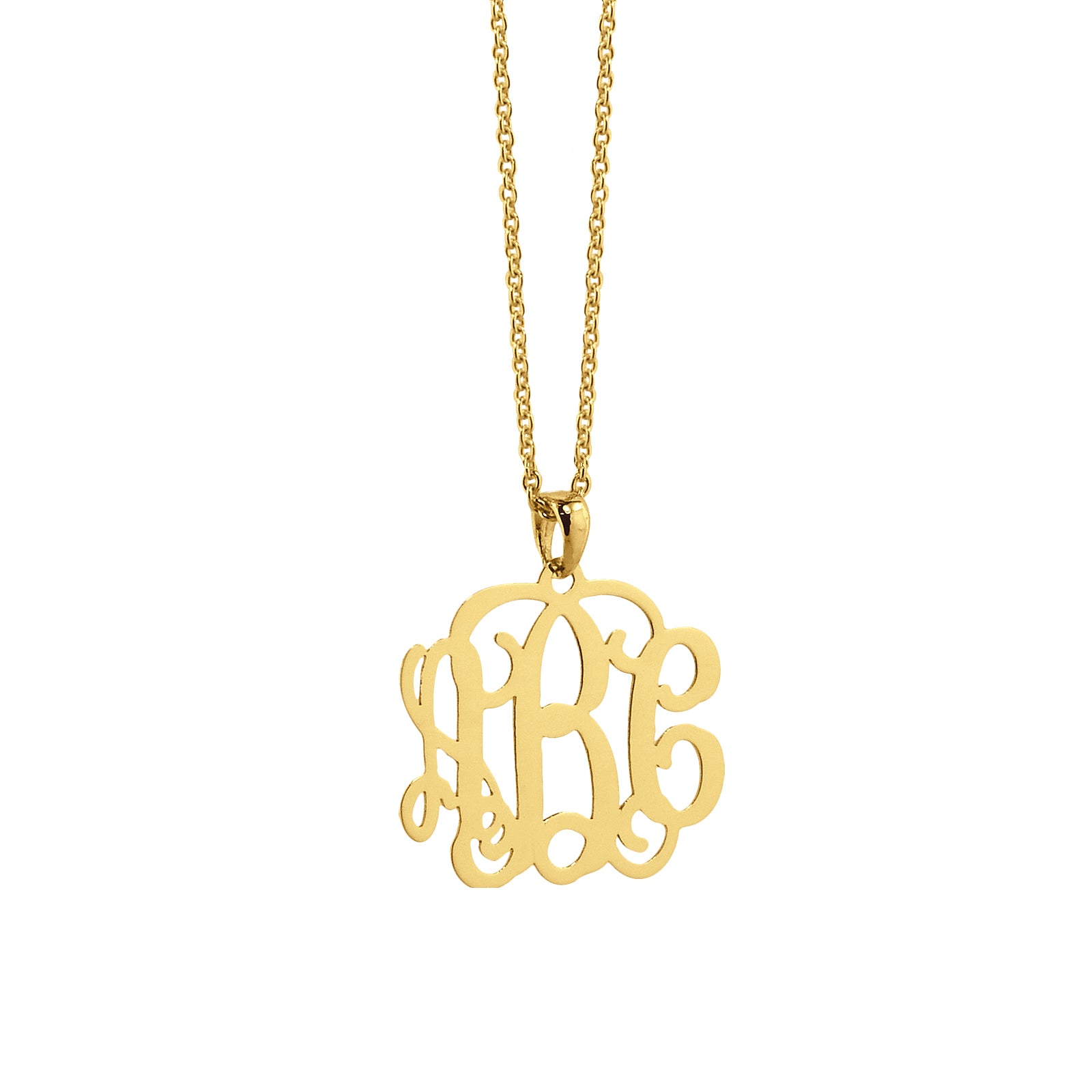 Front view of a 10k or 14k solid yellow gold mini three-initial monogram pendant necklace on a matching chain.