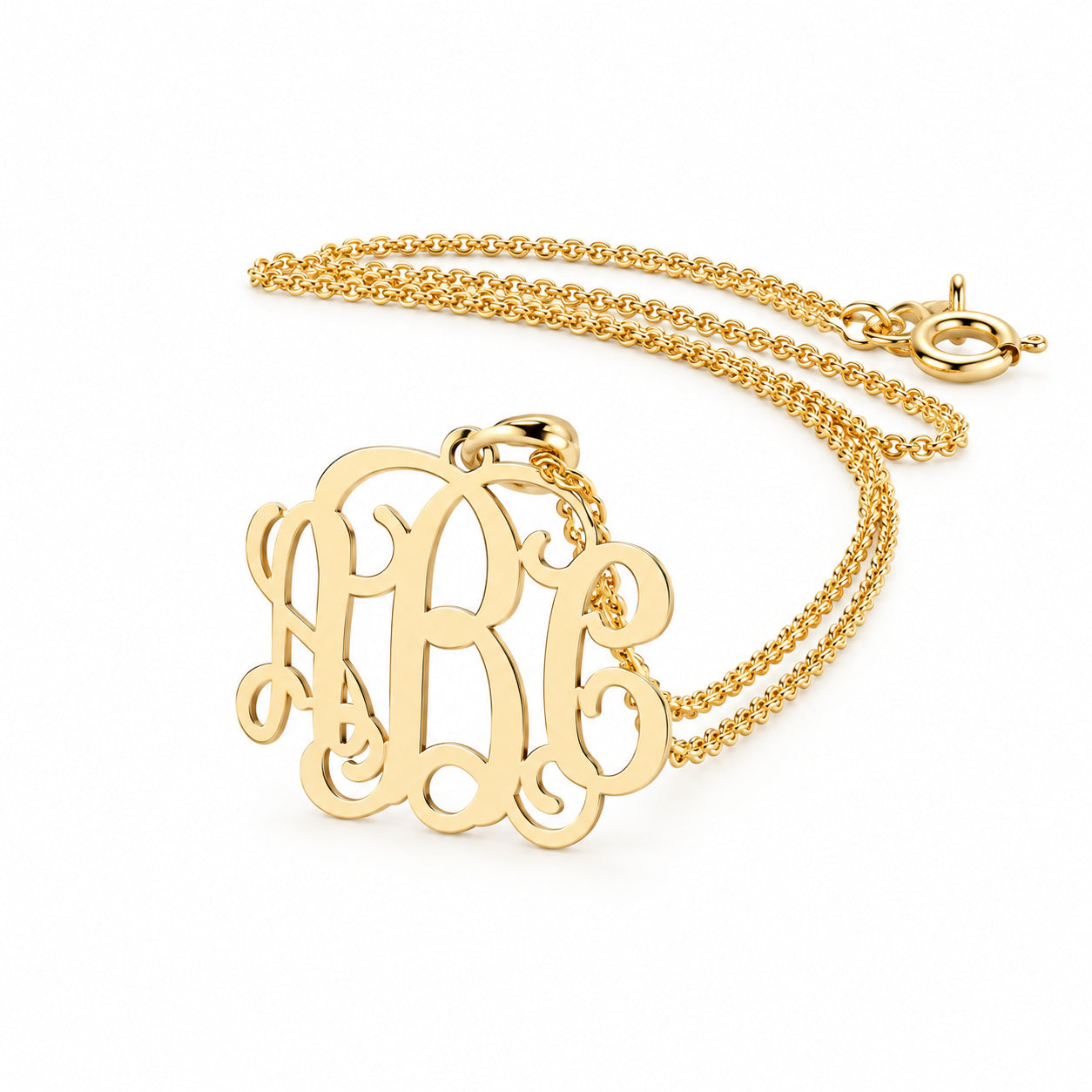 10k or 14k solid yellow gold mini three-initial monogram pendant necklace with matching chain on a white background.