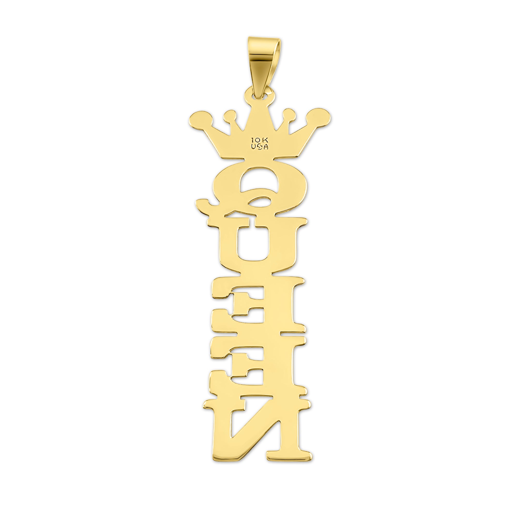 Gold vertical nameplate pendant spelling QUEEN topped with a detailed queen crown design on a white background.