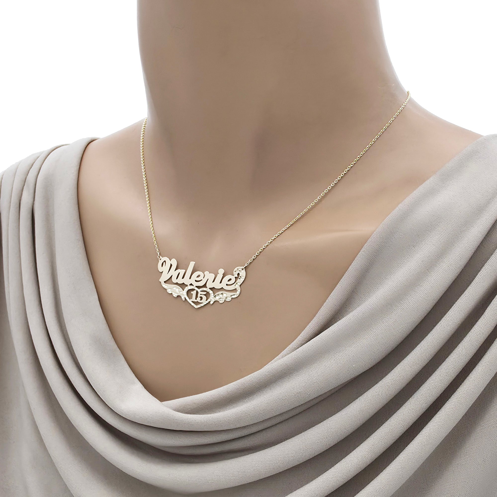 Alternate length and styling view of the handcrafted gold Quinceañera name pendant necklace.