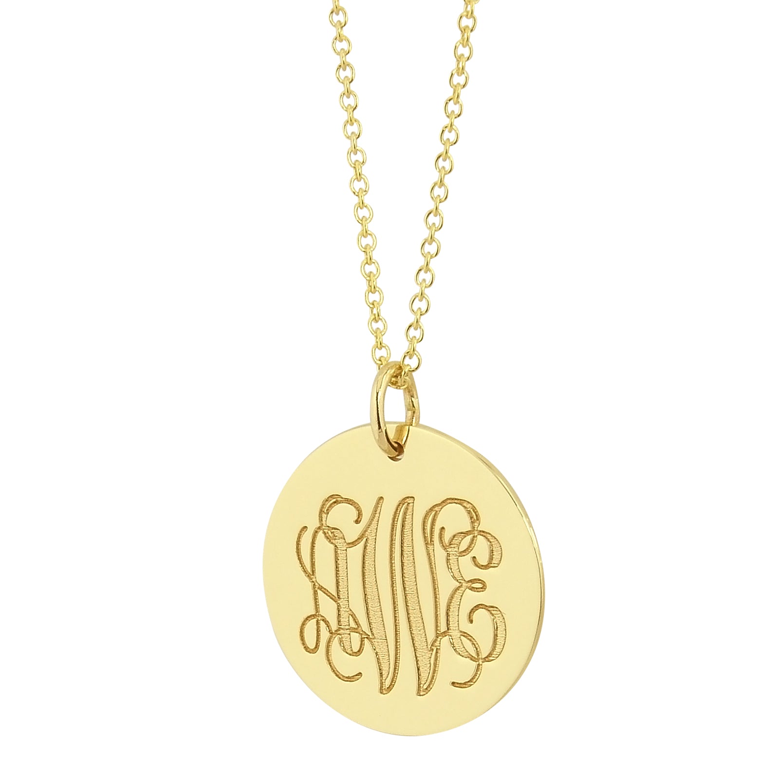 Solid gold round pendant laser monogrammed with initials 'aWe' attached to a gold Rolo chain.