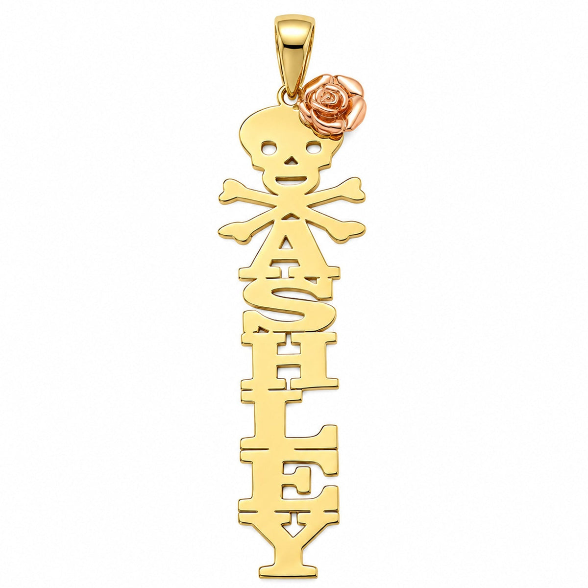Yellow gold Ashley vertical name pendant with skull and crossbones, rose gold flower, and polished bail on white.