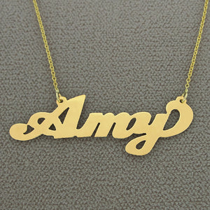 Close-up view of the custom handcrafted 10k yellow gold Amy script nameplate necklace pendant.