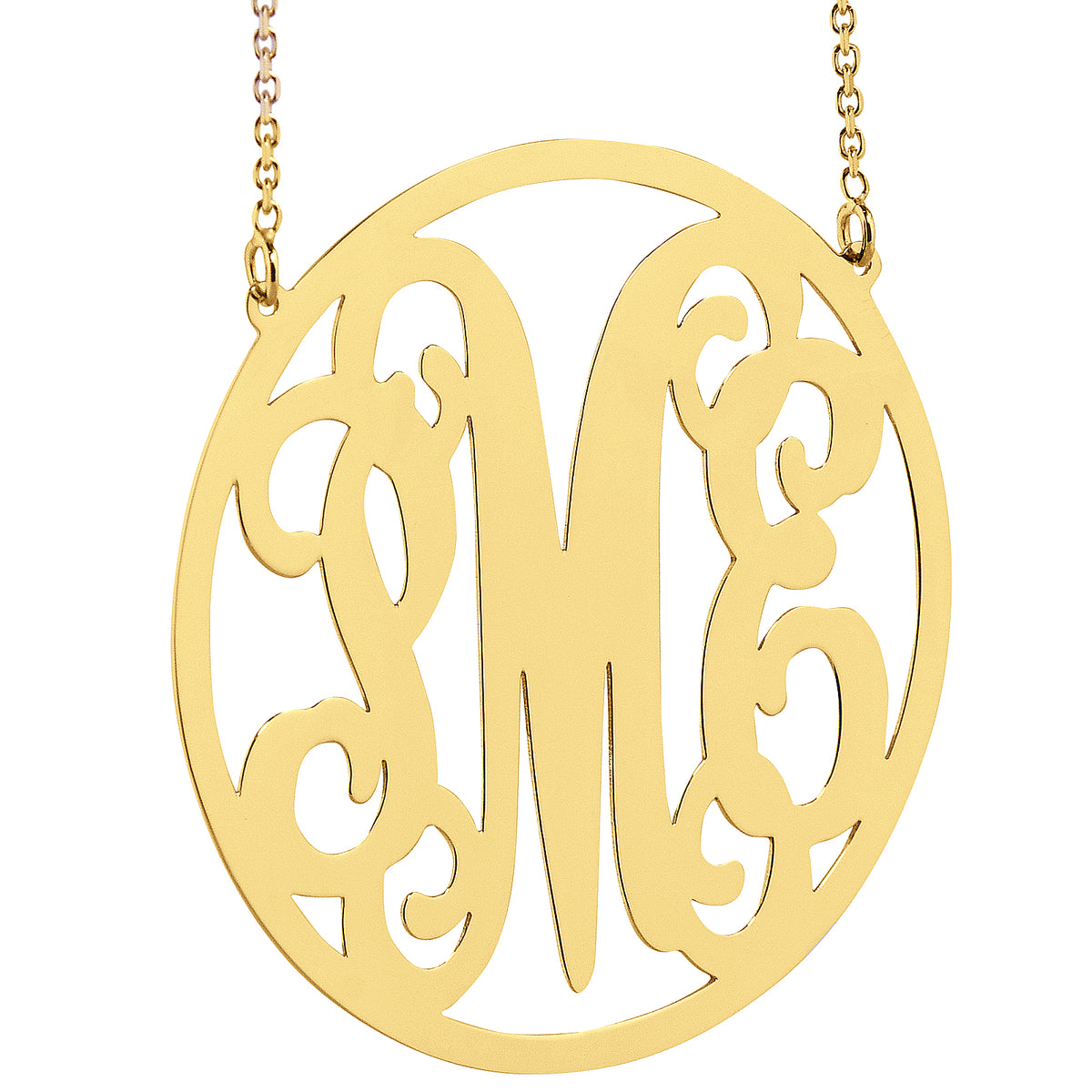 Large 1.5-inch solid gold monogram pendant necklace, precision laser cut with three initials.