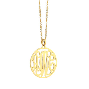 Laser-cut 14k solid gold 3-initial circle monogram pendant with an official 14k gold karat stamp.