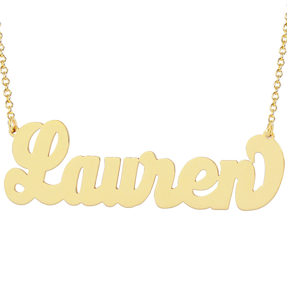 Custom 10k yellow gold Lauren Conrad style nameplate necklace featuring the name Lauren in a cursive script font.