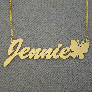 Layered solid gold butterfly personalized name necklace close-up view