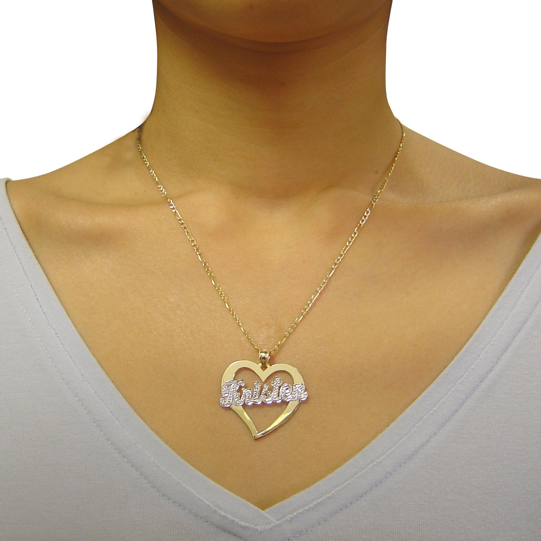 Model wearing a personalized 14k gold name heart pendant necklace