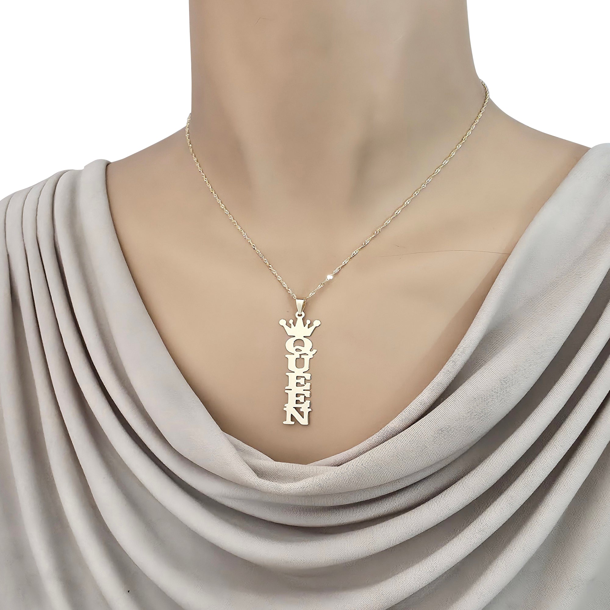Model wearing a custom vertical queen crown gold nameplate necklace with a 16-inch chain.