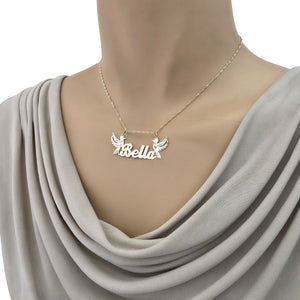 Bella nameplate necklace on a mannequin with a 16-inch chain.