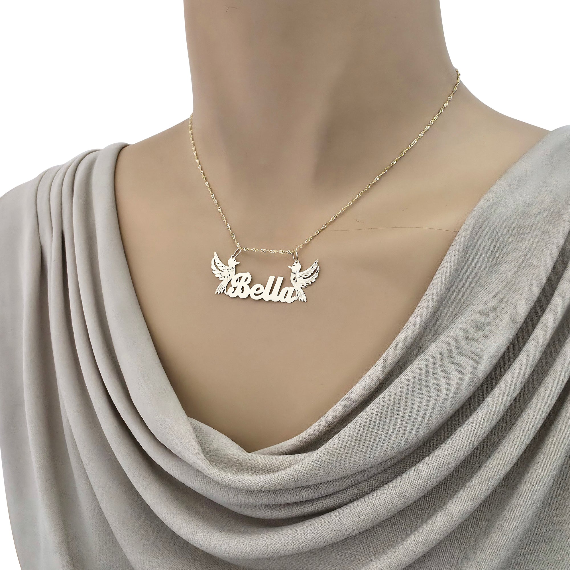Bella nameplate necklace on a mannequin with a 16-inch chain.