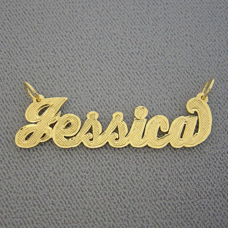 Custom 10k or 14k solid yellow gold nameplate pendant featuring an outlined check pattern and bold script lettering spelling "Jessica".