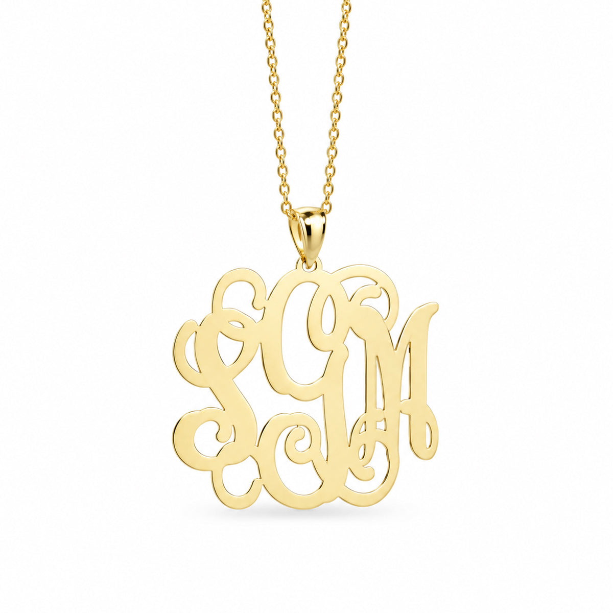 Personalized 10k gold 3-letter initial necklace showcasing traditional monogram formatting.