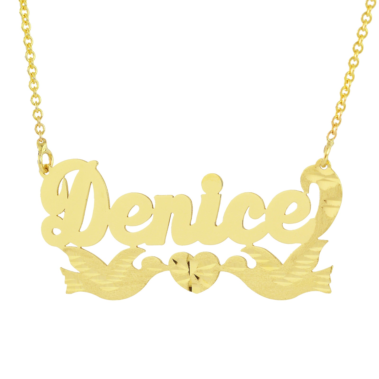 Custom personalized 10k yellow gold Denice script nameplate necklace with kissing birds and heart design.