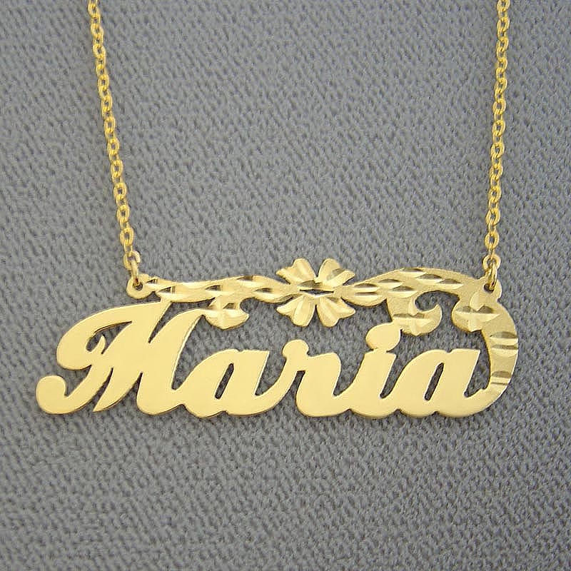 Personalized 10k solid gold Maria nameplate necklace with top flower design and attached split chain