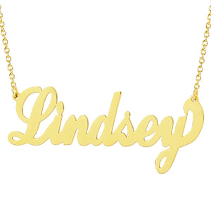 Personalized 10k yellow gold script font name necklace spelling "Lindsey" on a white background