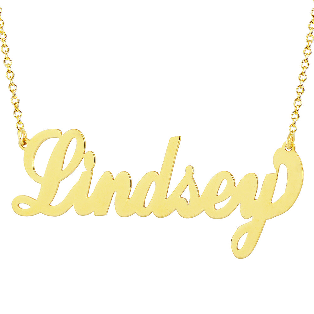 Personalized 10k yellow gold script font name necklace spelling "Lindsey" on a white background