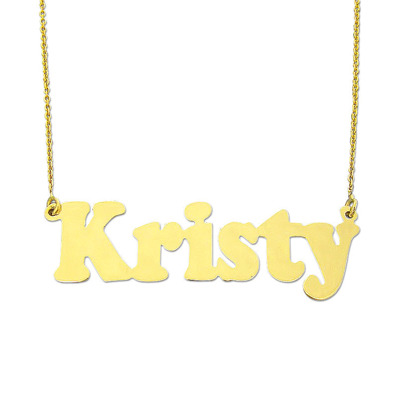 Solid 14k yellow gold personalized name necklace featuring bold block lettering spelling Kristy on a white background.