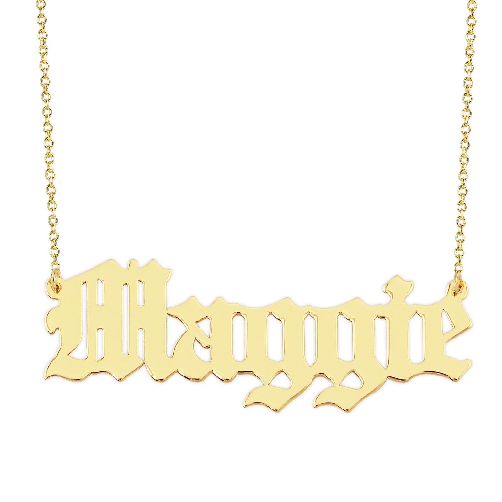 Personalized 14k solid gold Old English Gothic font Maggie nameplate pendant necklace.