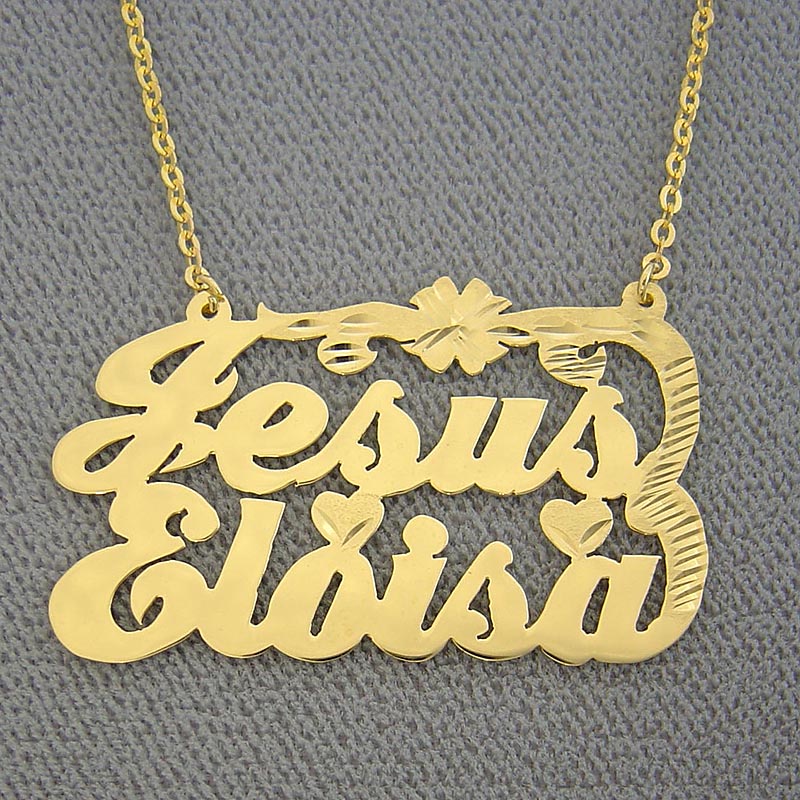 Personalized 14k solid gold two names nameplate necklace featuring Jesus and Eloisa in cursive script with heart and floral details.