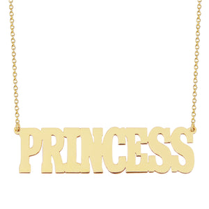 14k yellow gold personalized block letter nameplate necklace spelling PRINCESS on a delicate gold chain.