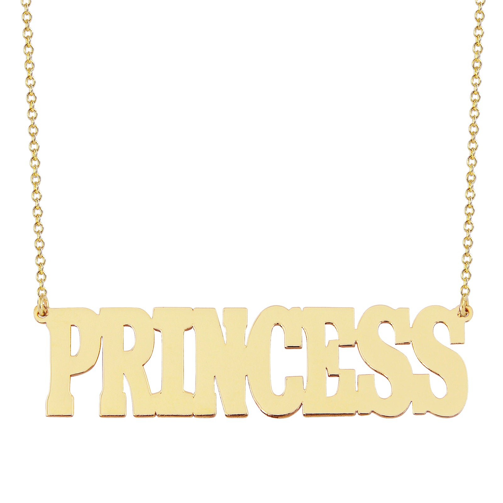 14k yellow gold personalized block letter nameplate necklace spelling PRINCESS on a delicate gold chain.