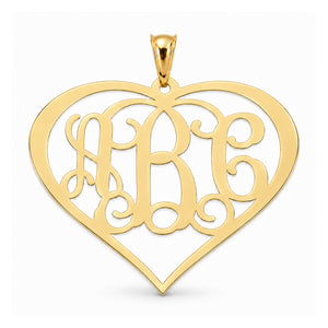 Personalized 3-initial heart monogram pendant in solid 10k or 14k yellow gold