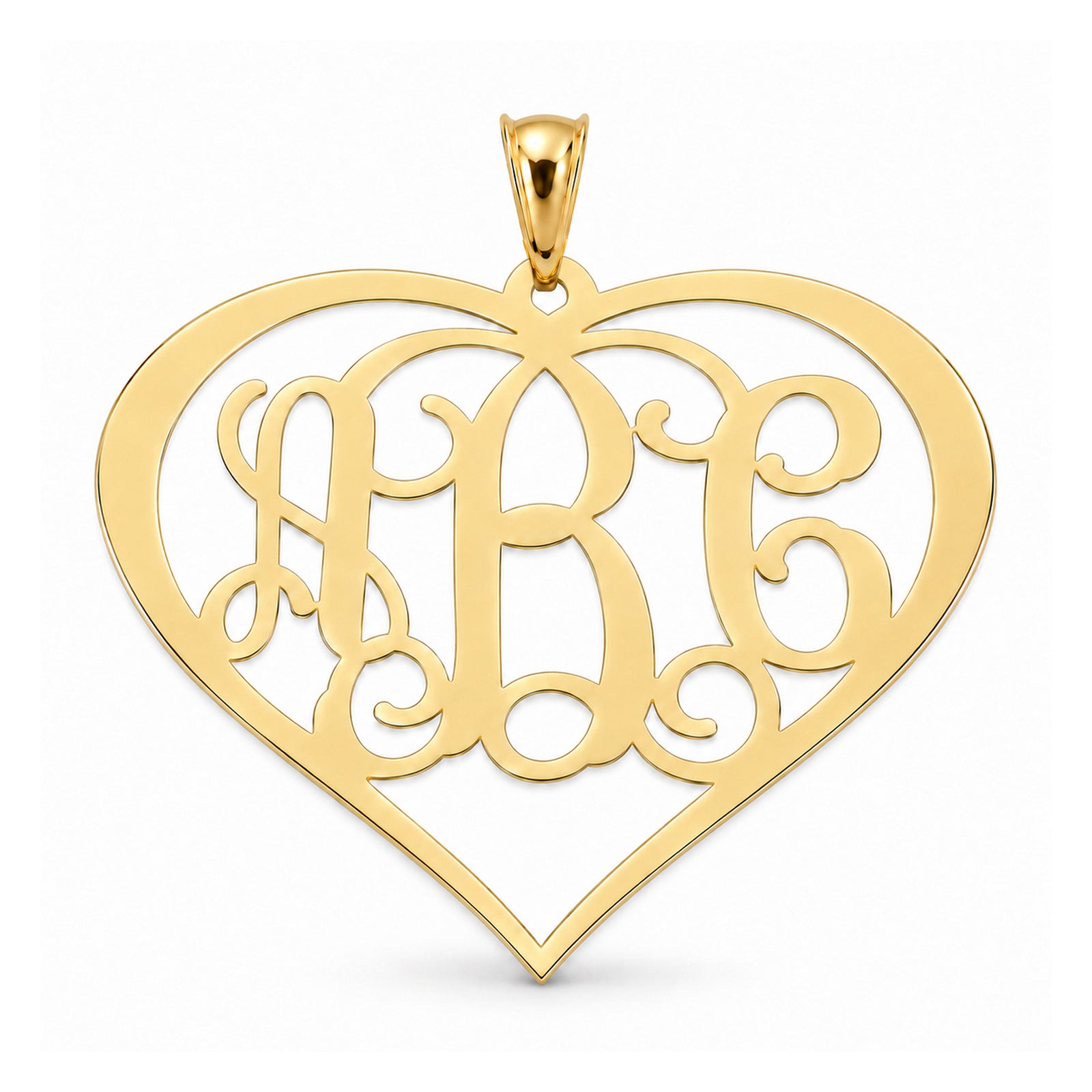 Personalized 3-initial heart monogram pendant in solid 10k or 14k yellow gold