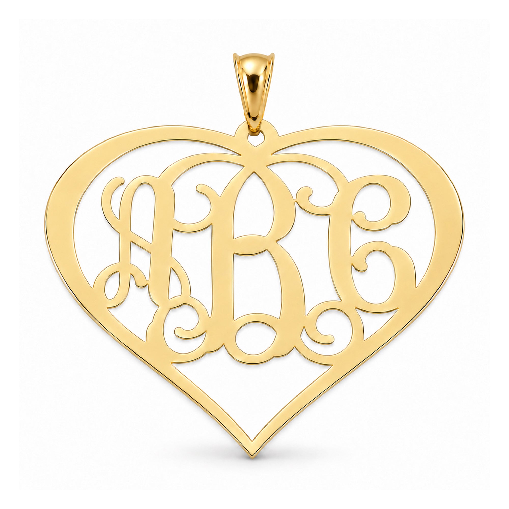Personalized 3-initial heart monogram pendant in solid 10k or 14k yellow gold