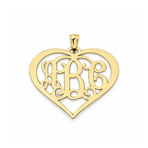 Personalized 10K or 14K solid gold three-initial heart monogram pendant, front view