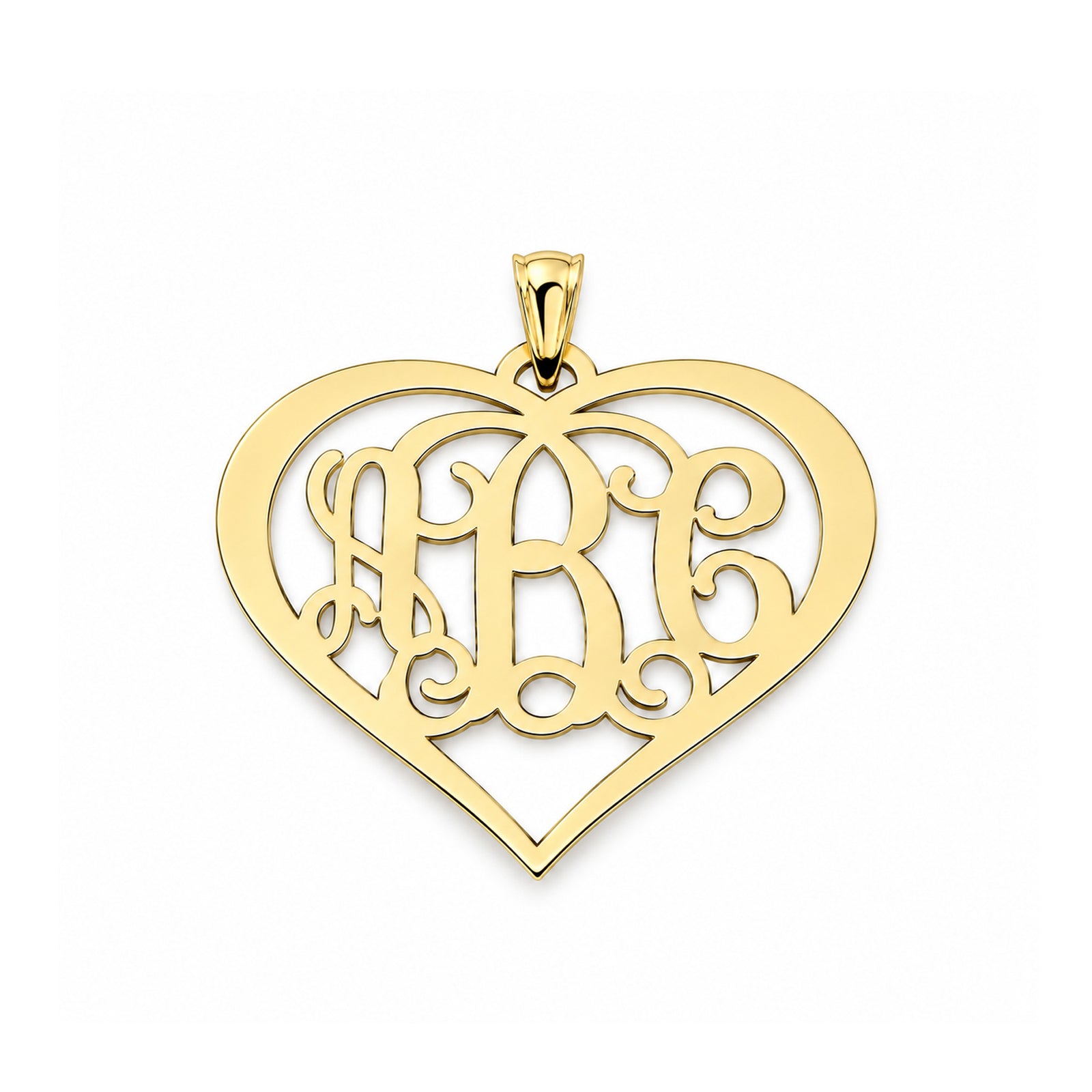 Personalized 10K or 14K solid gold three-initial heart monogram pendant, front view