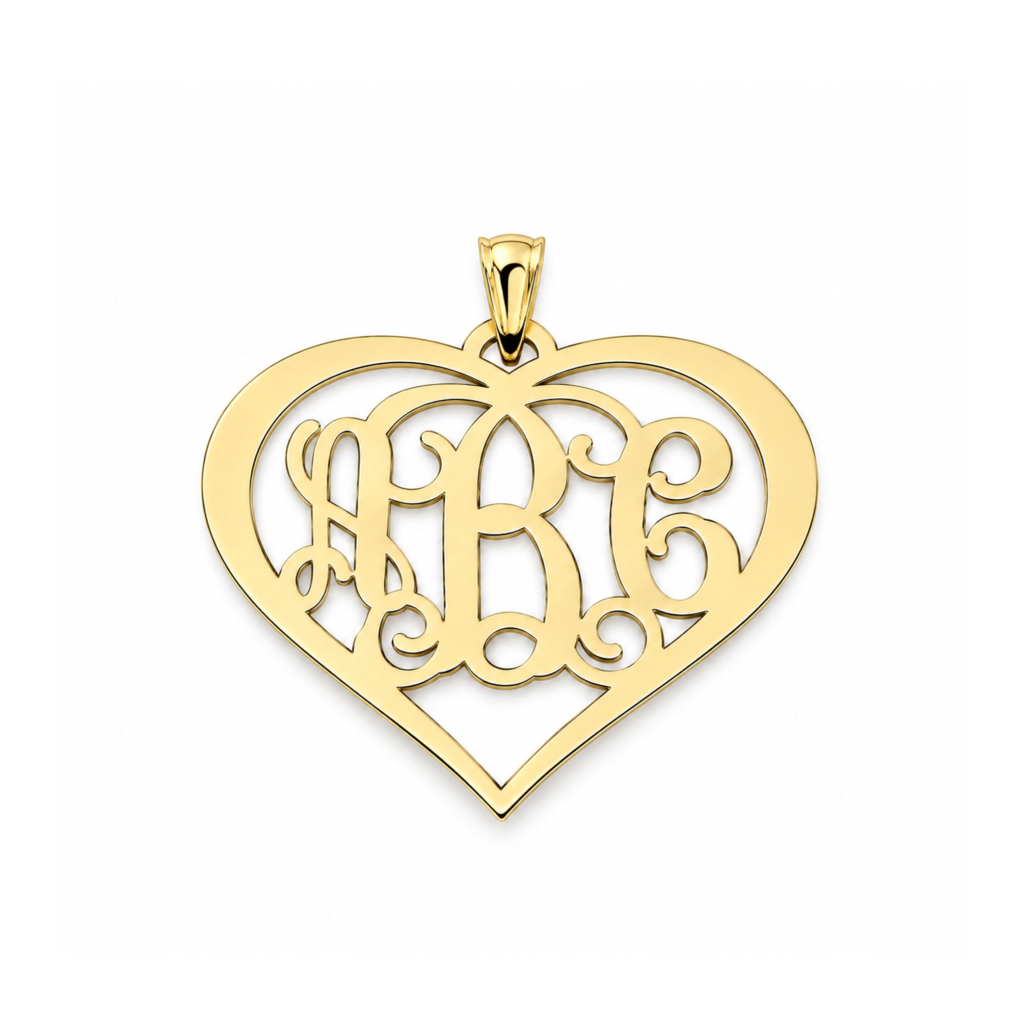 Personalized 10K or 14K solid gold three-initial heart monogram pendant, front view