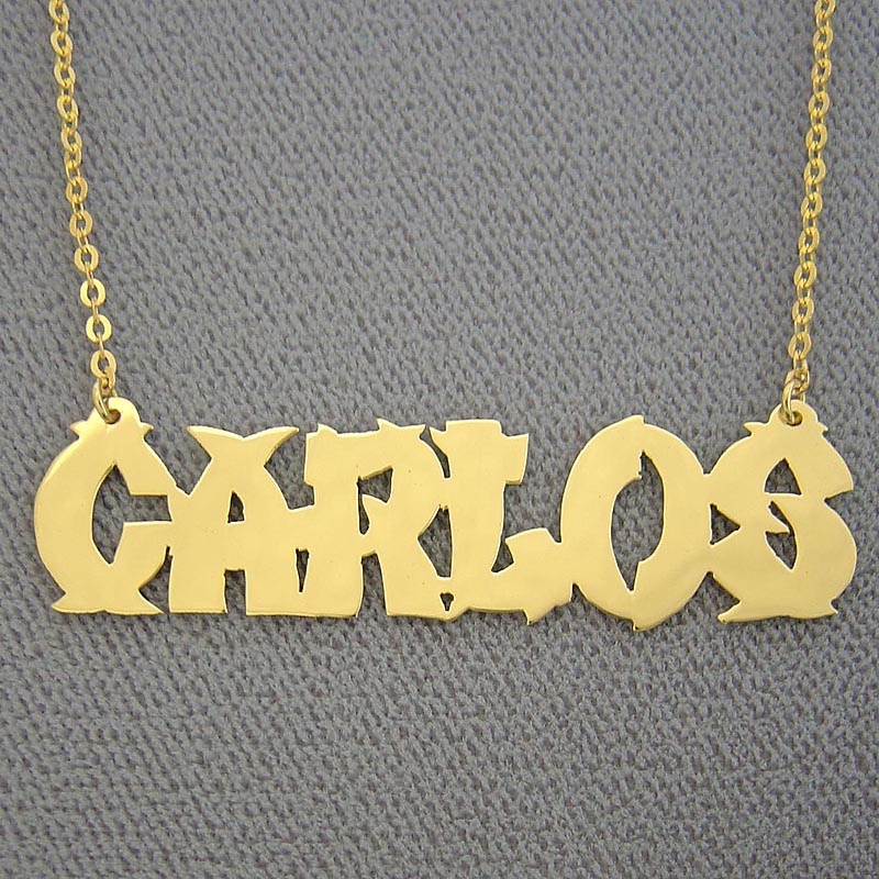 Personalized 14k yellow gold nameplate necklace featuring the name "CARLOS" in a bold Chinese-style font with a high-polish finish.