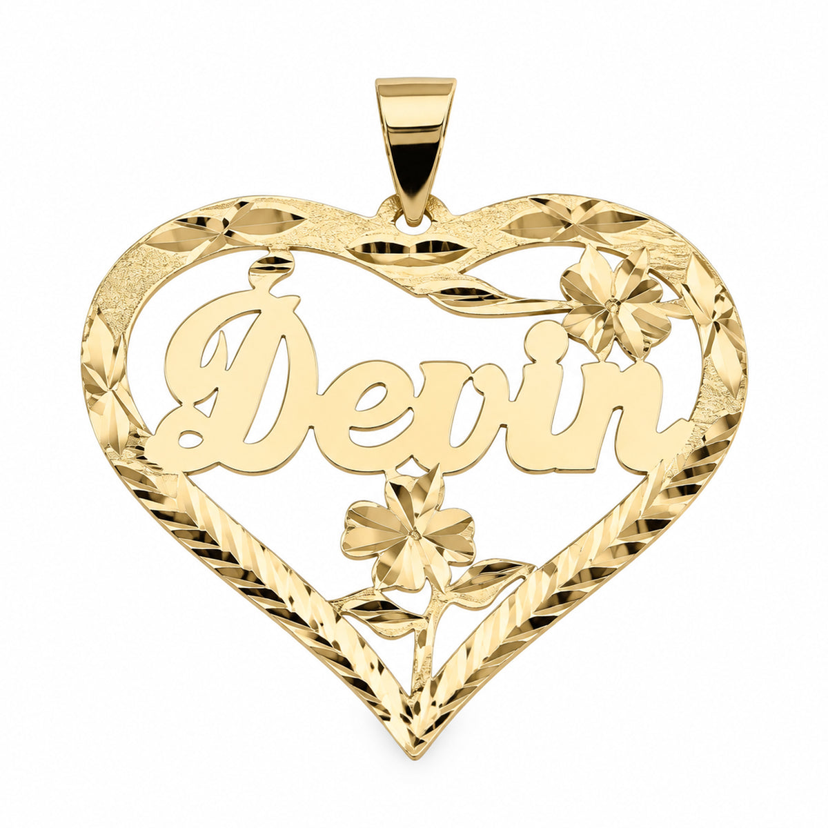 Yellow gold heart name pendant spelling Devin in cursive, with diamond-cut flowers, leaf accents and a polished bail.
