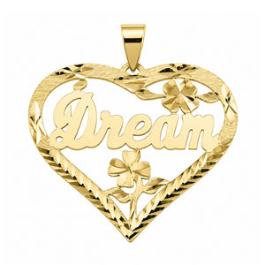 Personalized yellow gold heart pendant spelling Dream, with cursive lettering, diamond-cut flowers and a decorative leaf border.