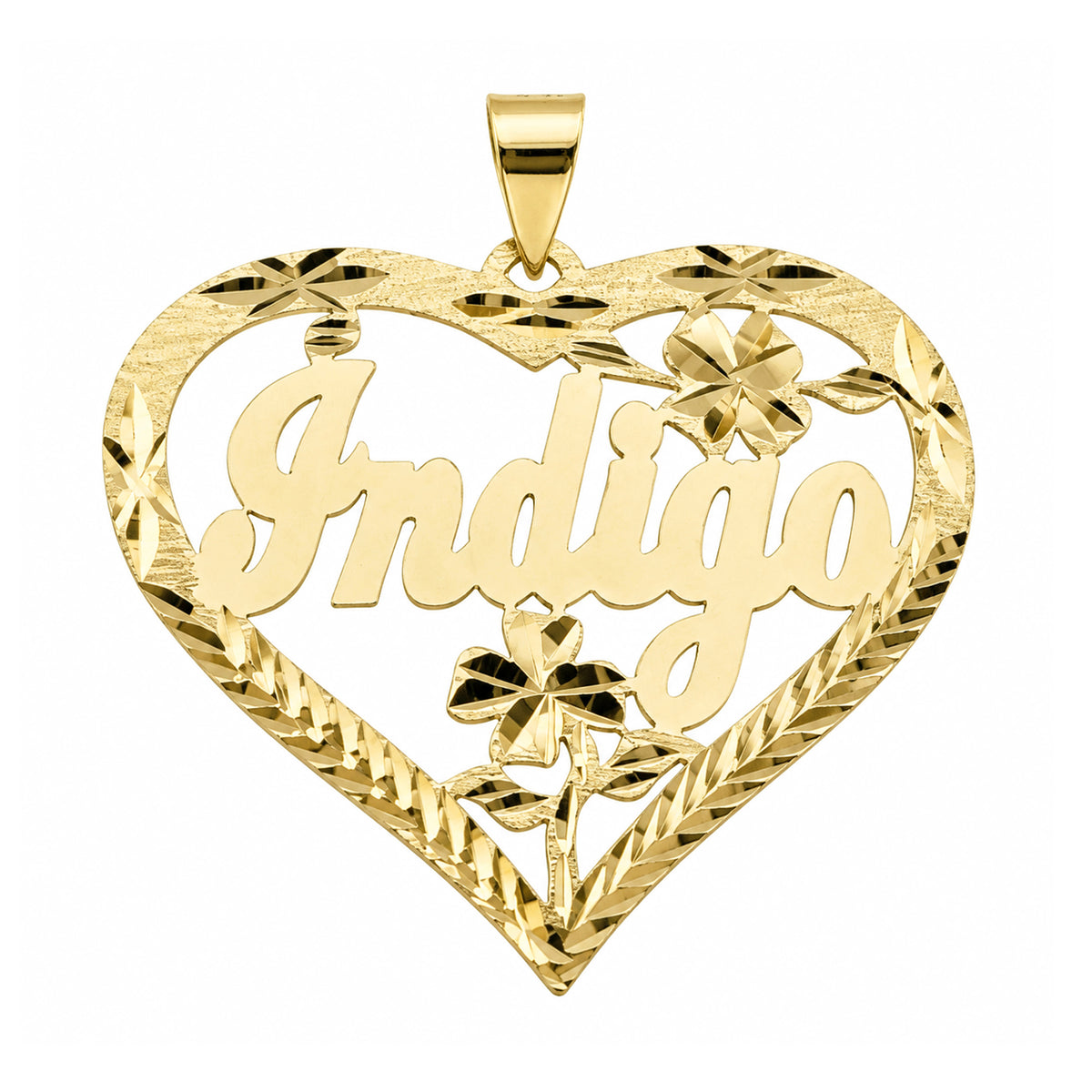 Yellow gold heart pendant featuring the name Indigo in cursive, with diamond-cut flowers and leaf detailing on white.