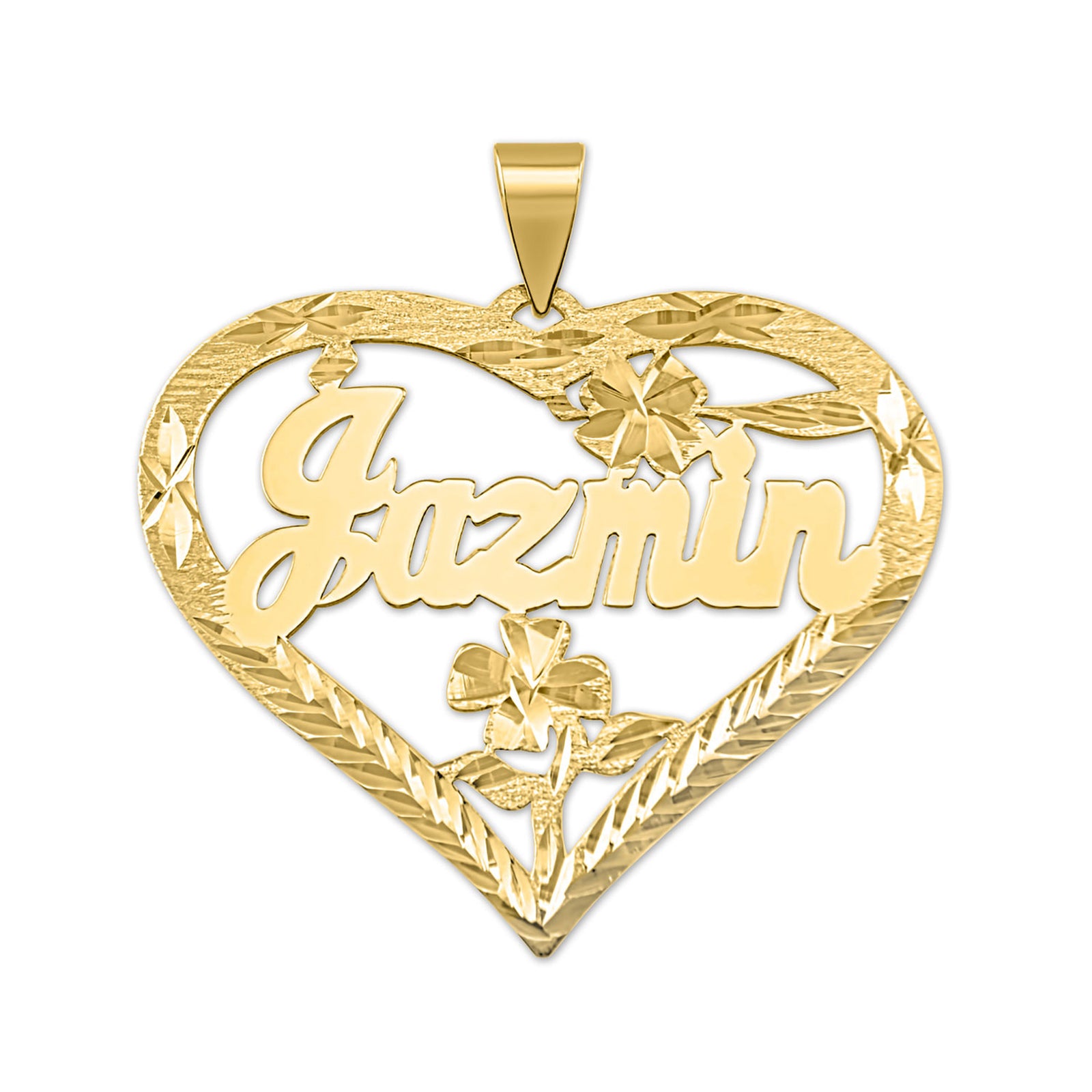 Personalized yellow gold heart pendant with Jazmin script, diamond-cut flowers and leaf detailing on a white background.