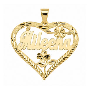 Personalized yellow gold heart pendant with Mileena script, diamond-cut flowers and a leaf-patterned border on white.