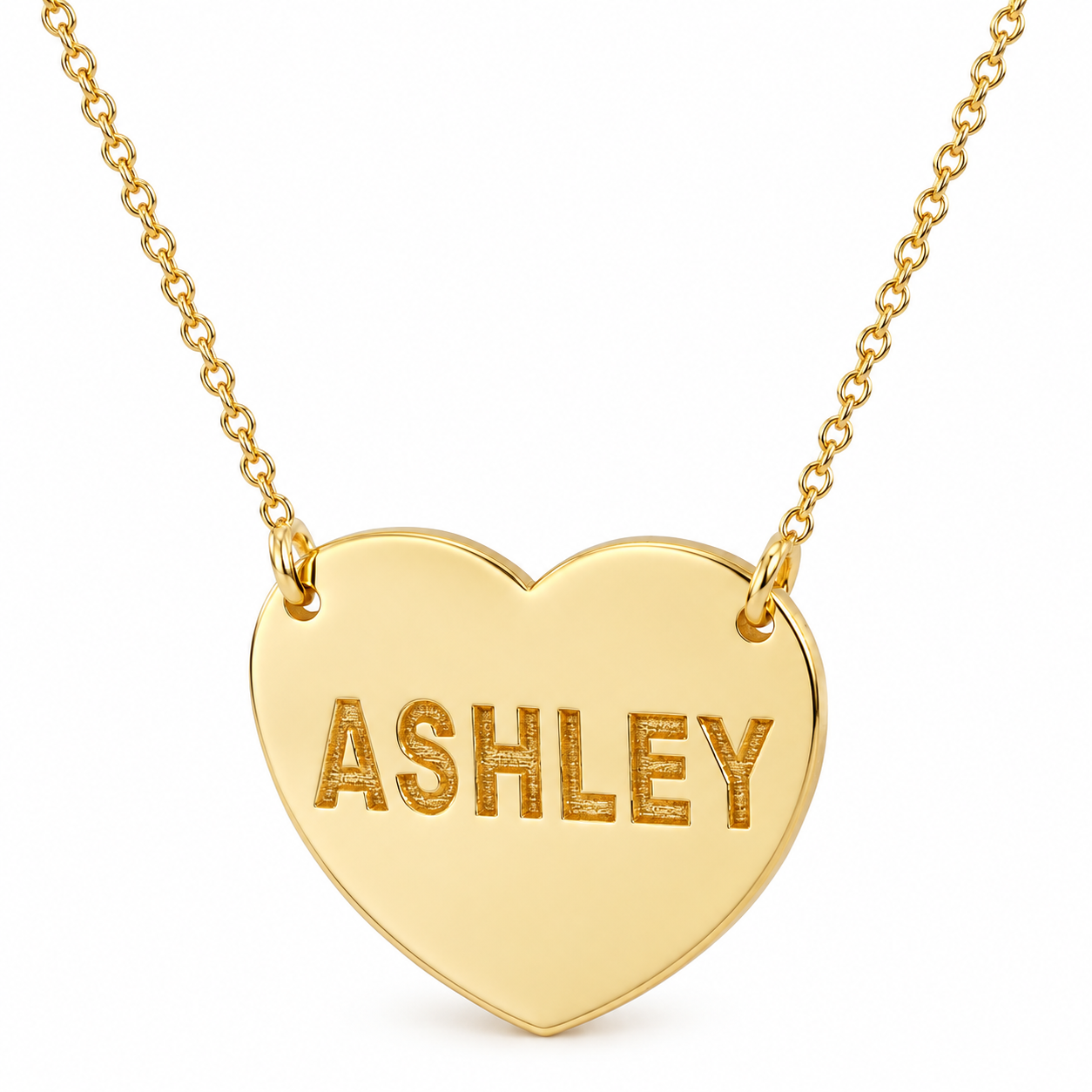 Personalized solid gold heart necklace engraved with ASHLEY on a split Rollo chain