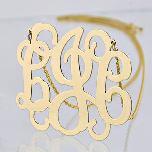 Detailed view of personalized solid gold monogram pendant