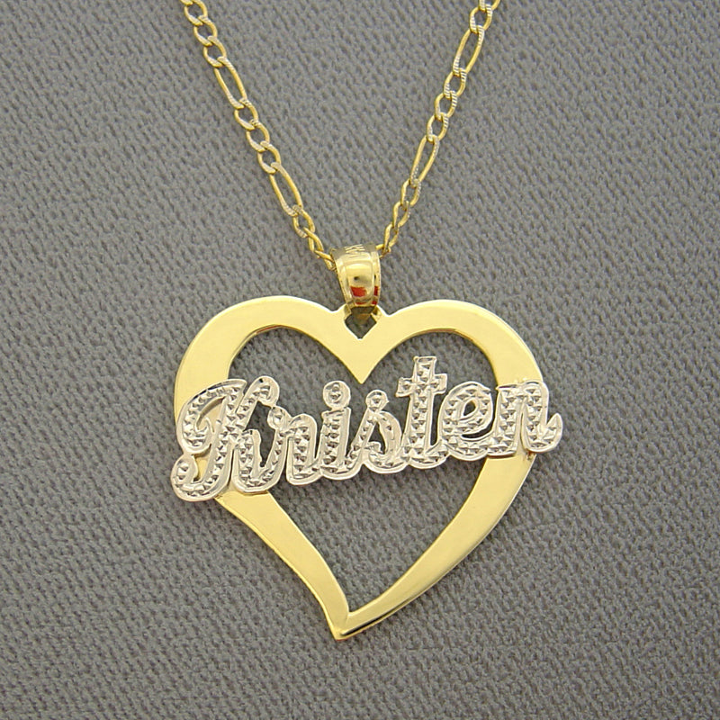 Personalized gold name heart pendant displayed in a complimentary jewelry gift