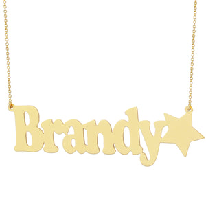 Close-up of a laser-cut polished solid gold nameplate necklace featuring the name Brandy with a star detail.