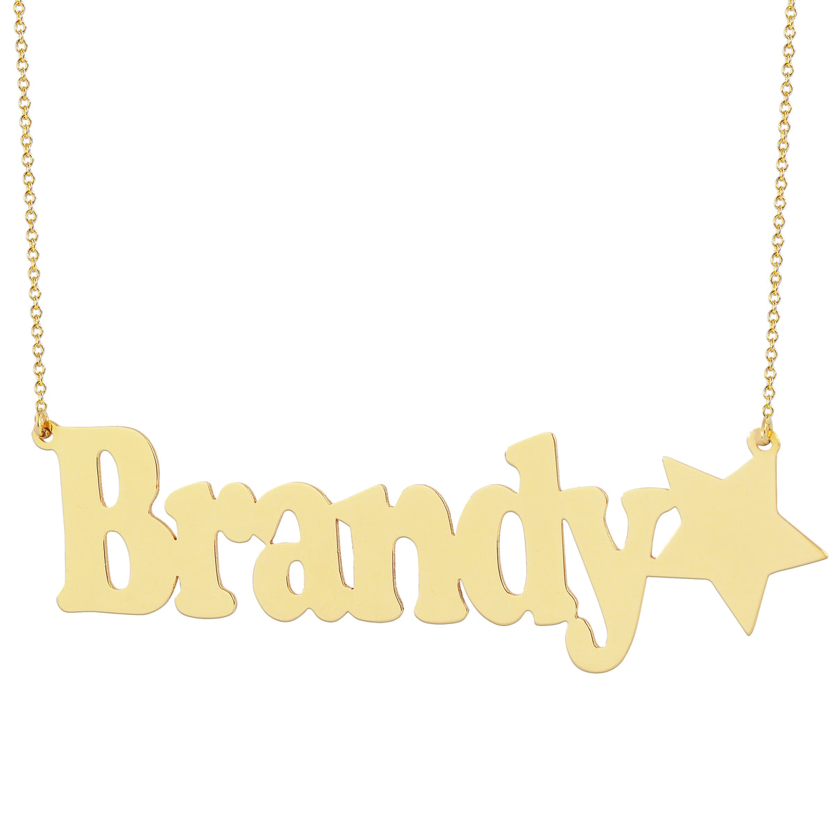 Close-up of a laser-cut polished solid gold nameplate necklace featuring the name Brandy with a star detail.