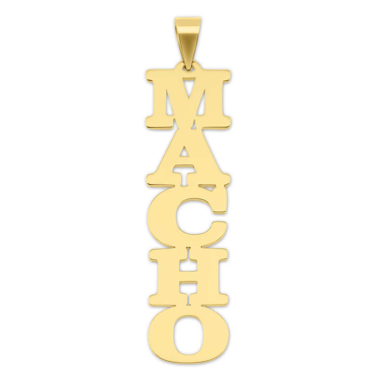 Handcrafted 10k or 14k gold vertical name pendant featuring custom block letters MACHO.