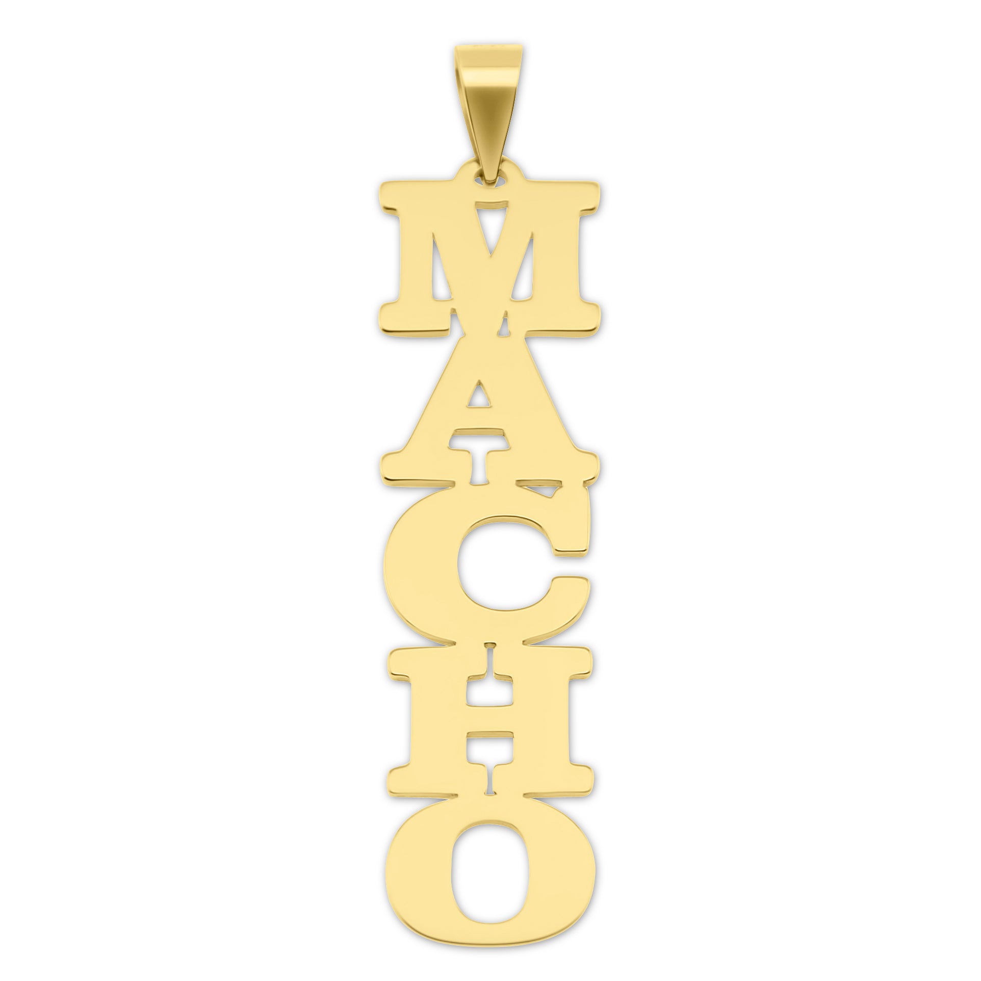 Handcrafted 10k or 14k gold vertical name pendant featuring custom block letters MACHO.