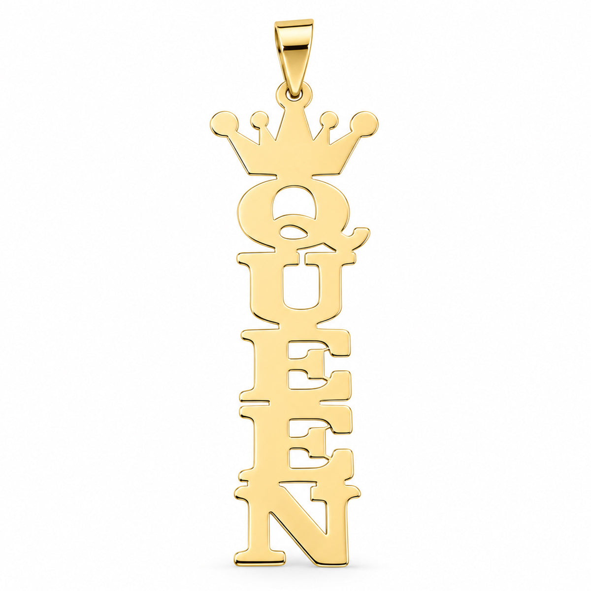 Personalized yellow gold pendant with QUEEN in vertical block letters beneath a crown.